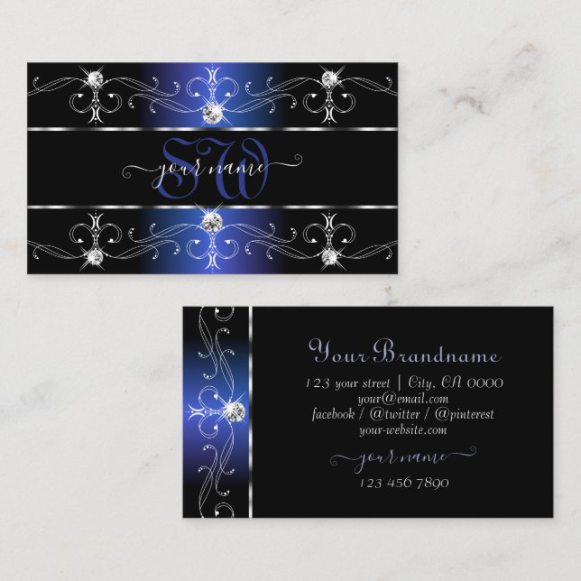 Stylish Black Blue Verziert Borders Jewels Monogra Visitenkarte (Vorne/Hinten)