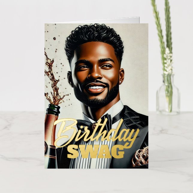 Stylish Black Man Champagne Luxury Birthday Card (Blume)