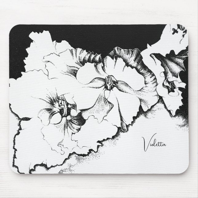 Stylish Black & White Original Stipple Art Floral Mousepad (Vorne)