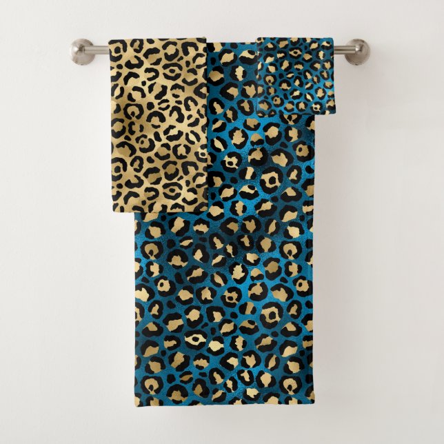 Stylish Blue and Gold Foil Leopard Spots Badhandtuch Set (Insitu)