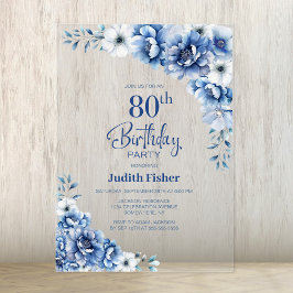 Stylish Blue Floral 80. Geburtstagsparty Acryleinladungen