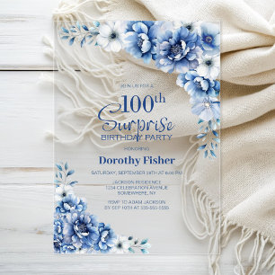 Stylish Blue Floral Surprise 100. Geburtstagsparty Acryleinladungen
