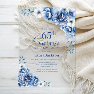 Stylish Blue Floral Surprise 65. Geburtstagsparty Acryleinladungen
