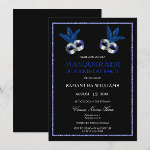 Stylish Blue Glitzer Masquerade 18. Geburtstag Einladung