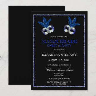 Stylish Blue Glitzer Masquerade Sweet 16 Einladung