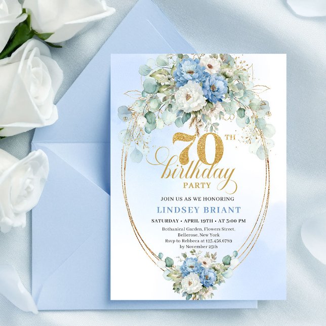 Stylish Blue Gold Floral 70th Birthday Invitation  Einladung (Stylish Blue Gold Floral 70th Birthday Invitation Card

)