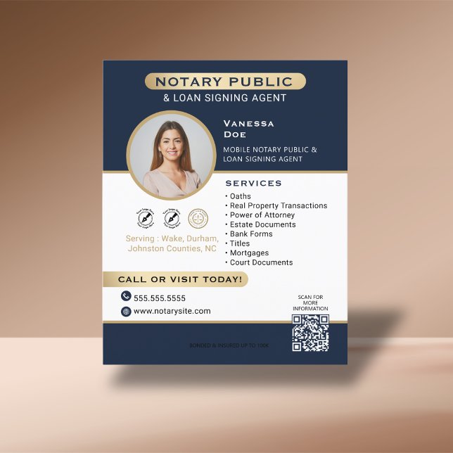 Stylish Blue Gold Notary Foto QR Code Marketing Flyer (Von Creator hochgeladen)