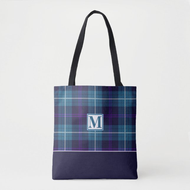 Stylish Blue Kariert Tartan Custom Monogram Script (Vorderseite)