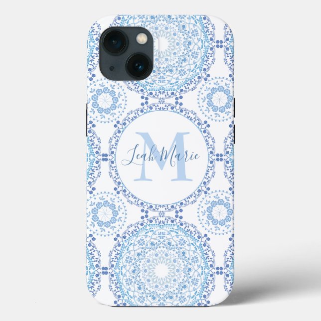 Stylish Blue Mandala Monogram Personalisiert Case-Mate iPhone Hülle (Rückseite)