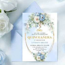 Stylish Blue Peony Gold Floral Quinceañera Card Einladung