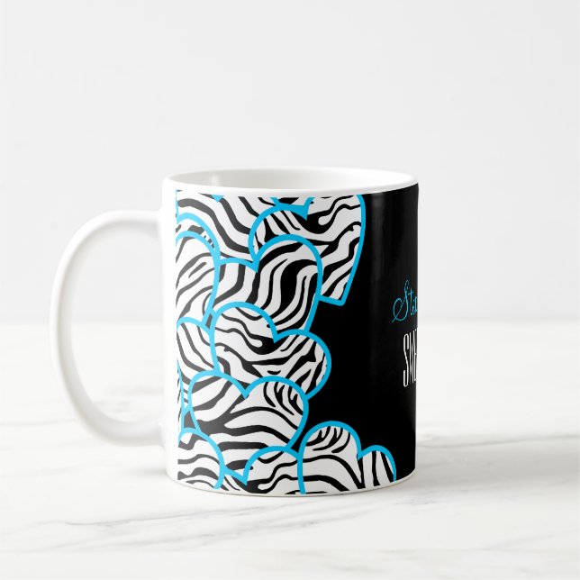 Stylish Blue Sweet 16 Zebra Herzdesign Name Tasse (Links)