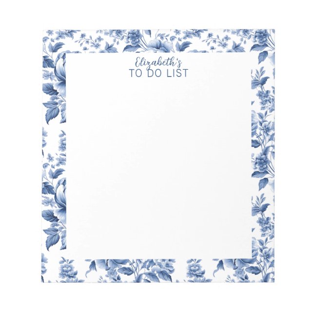 Stylish Blue White Vintage Rose Floral Notizblock (Vorderseite)