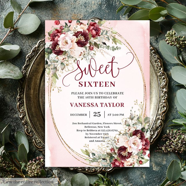 Stylish Blush Burgundy Floral Sweet Sixteen Invite Einladung (Stylish Blush Burgundy Floral Sweet Sixteen Invite

)