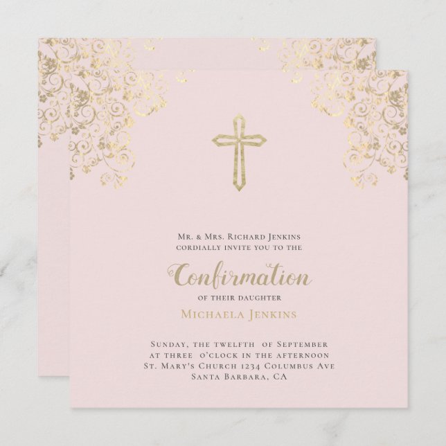 Stylish Blush Gold Cross Bible Verse Bestätigung Einladung (Vorne/Hinten)