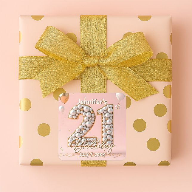 Stylish Blush Pink and Gold Pearly 21st Birthday Quadratischer Aufkleber (Von Creator hochgeladen)