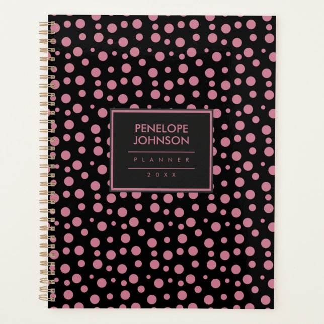 Stylish Blush Pink Black Polka Dot Pattern Planer (Vorderseite)