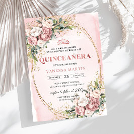 Stylish Blush Pink Floral Greenery Quinceañera Einladung
