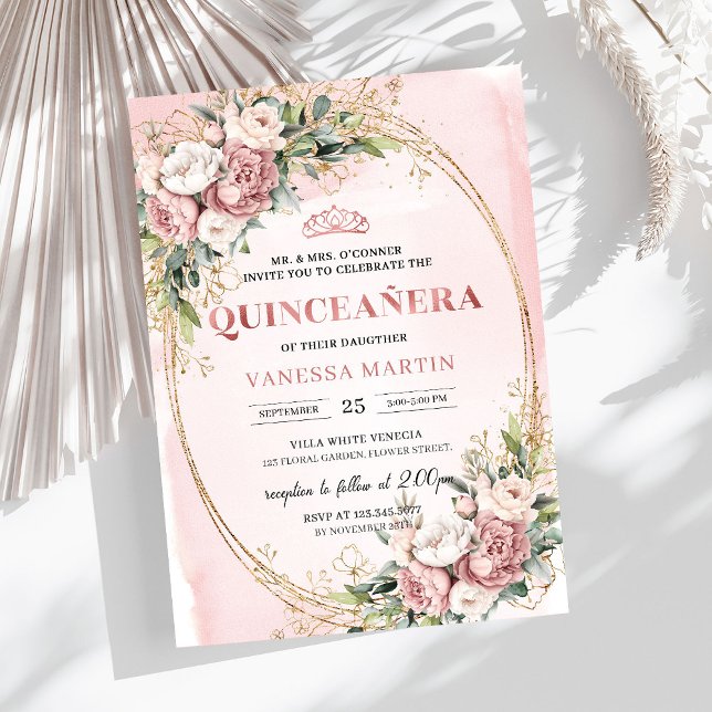 Stylish Blush Pink Floral Greenery Quinceañera  Einladung (Stylish Blush Pink Floral Greenery Quinceañera Invitation

)