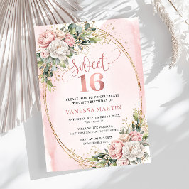 Stylish Blush Pink Floral Greenery Sweet Sixteen Einladung