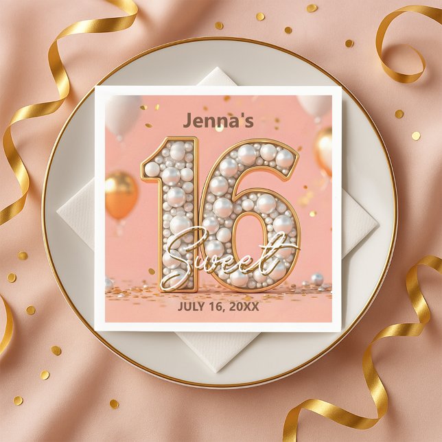 Stylish Blush Pink Pearl Gold Sweet 16 Birthday  Serviette (Von Creator hochgeladen)