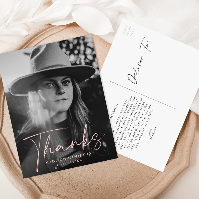 Stylish Blush Script Foto Abschluss Vielen Dank Postkarte (Von Creator hochgeladen)