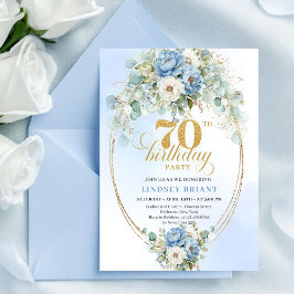 Stylish Bohemian Blue Floral Eucalyptus 70th Bday Einladung