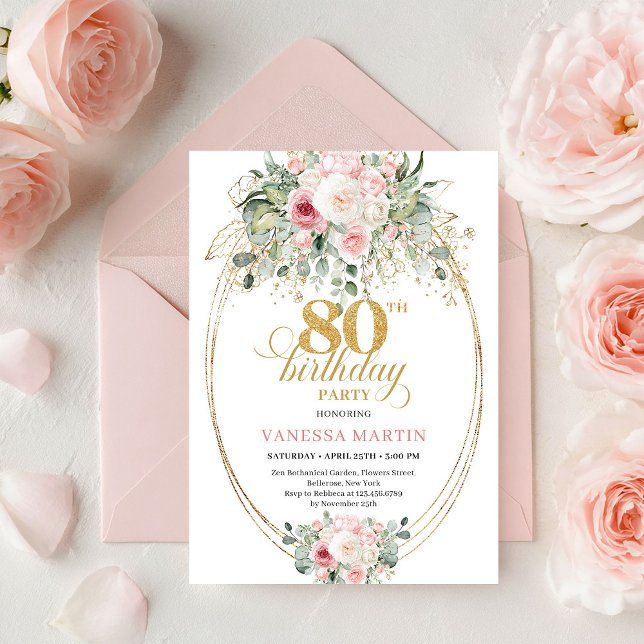 Stylish Bohemian Blush Floral Minimal 80 Birthday Einladung (Stylish Bohemian Blush Floral Minimal 80th Birthday)