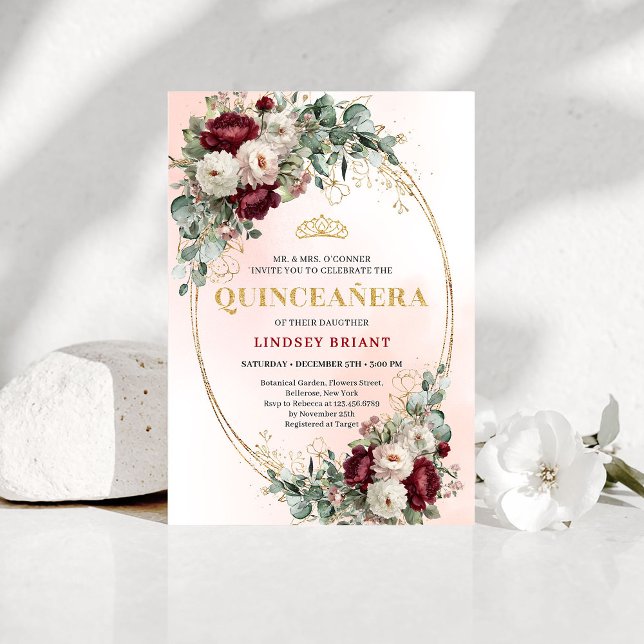 Stylish Bohemian Maroon Flowers Gold 15th Birthday Einladung (Stylish Bohemian Maroon Flowers 15th Birthday Invite)