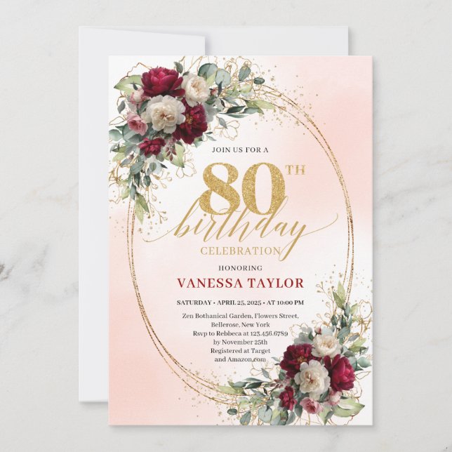 Stylish Boho Burgundy Gold 80th Birthday Invitatio Einladung (Vorderseite)