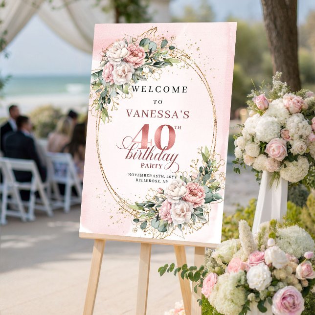Stylish Boho Light Pink Greenery 40th Birthday  Poster (Stylish Boho Light Pink Greenery 40th Birthday Welcome)