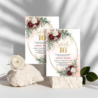 Stylish Boho Marsala Floral Gold Sweet 16 Birthday Einladung