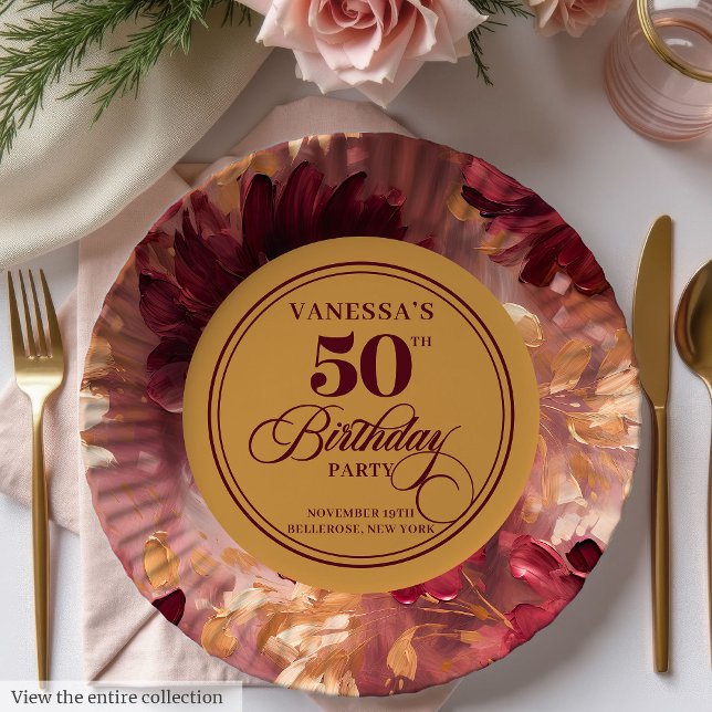 Stylish Boho Merlot Blush Gold 50. Geburtstag Pappteller (Stylish Boho Merlot Blush Gold 50th Birthday Paper Plates)