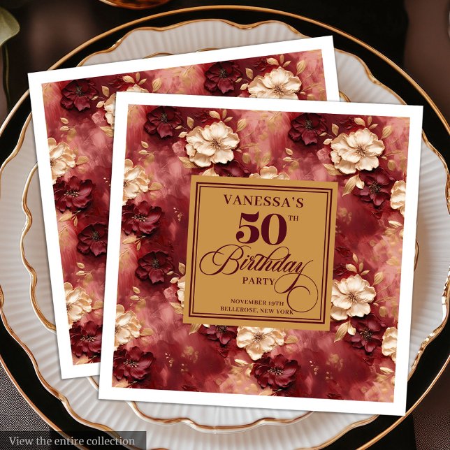 Stylish Boho Merlot Blush Gold 50. Geburtstag Serviette (Stylish Boho Merlot Blush Gold 50th Birthday Paper Dinner Napkins)