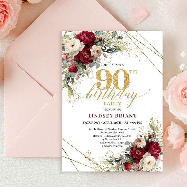 Stylish Boho Merlot White Gold Roses 90th Birthday Einladung (Classic Burgundy White Gold Roses 90th Birthday Card

)