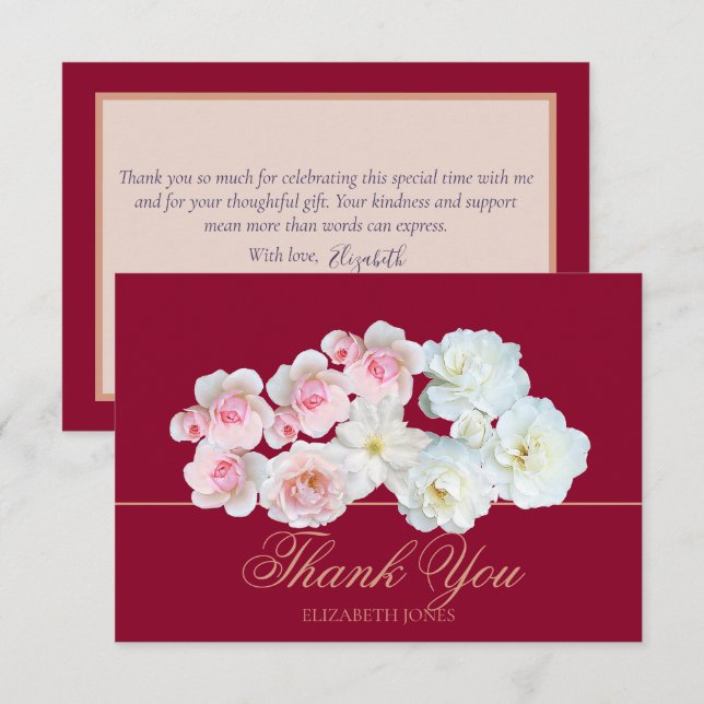 Stylish Botanical Pink White Rose Floral Thank You Dankeskarte (Vorne/Hinten)