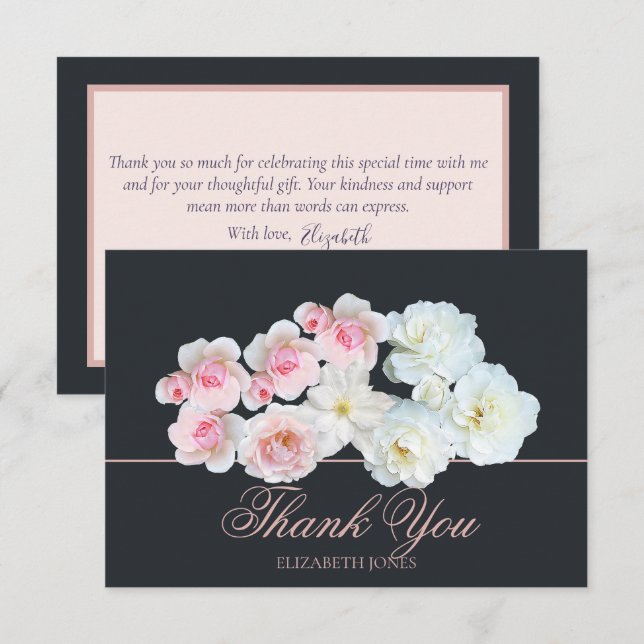 Stylish Botanical Pink White Rose Floral Thank You Dankeskarte (Vorne/Hinten)