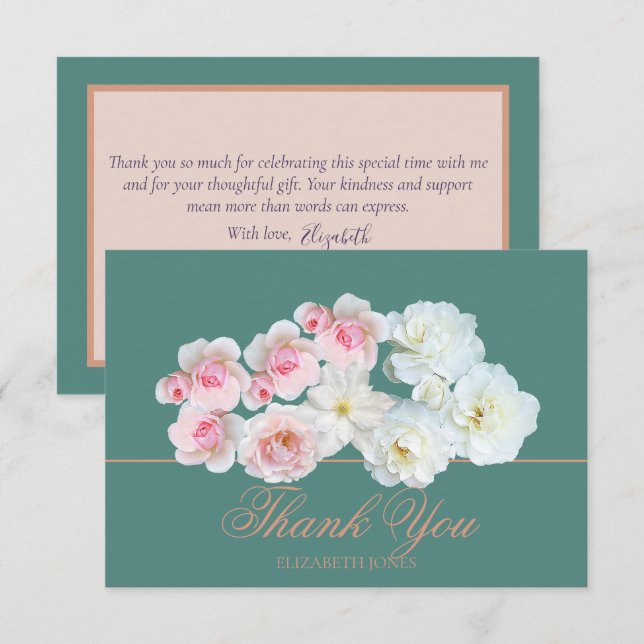 Stylish Botanical Pink White Rose Floral Thank You Dankeskarte (Vorne/Hinten)