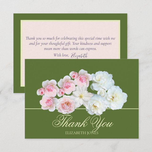 Stylish Botanical Pink White Rose Floral Thank You Dankeskarte (Vorne/Hinten)