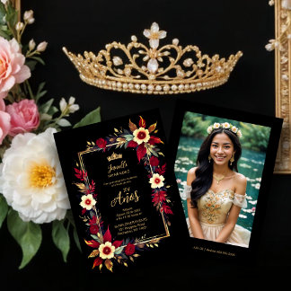 Stylish Botanical Red Shades Frame Photo Spanish Einladung