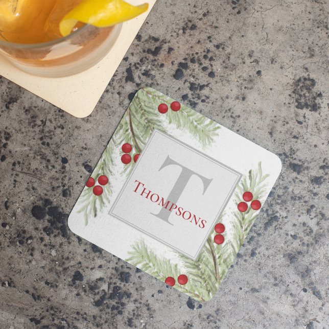 Stylish Botanical Watercolor Holiday Rechteckiger Pappuntersetzer (Red and green monogram custom coaster.)