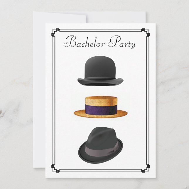 Stylish Bowler Straw Fedora Hat Bachelor Party Einladung (Vorderseite)