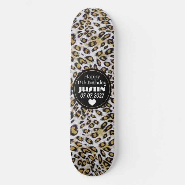Stylish Brown Leopard Print Happy 17. Geburtstag Skateboard (Vorderseite)
