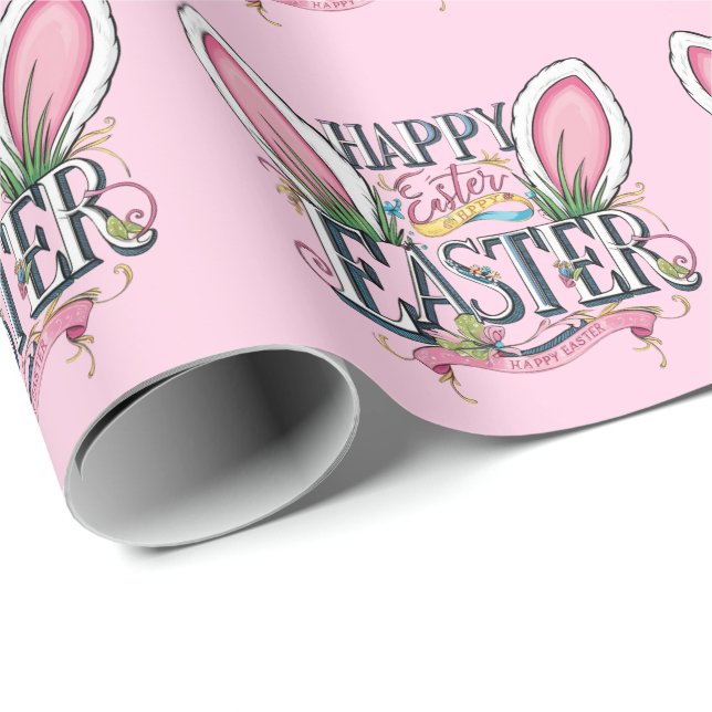 Stylish bunny ears pink Happy Easter Geschenkpapier (Rolleneckpunkt)