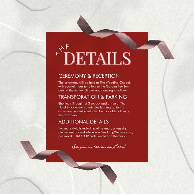 Stylish Contemporary Pink and Red Details QR Begleitkarte (Invite guests to your big day in style with this Stylish Contemporary Pink and Red Details Card!)