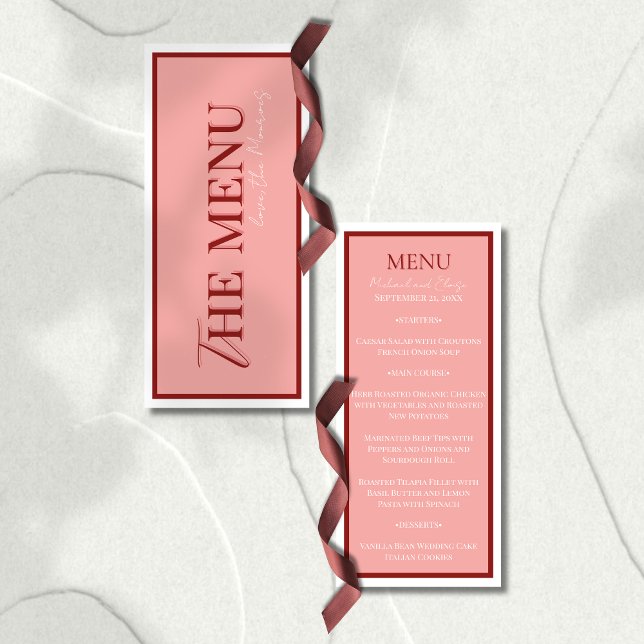 Stylish Contemporary Pink and Red Wedding Menükarte (Elevate your reception table with this Stylish Contemporary Pink and Red Wedding Menu!)