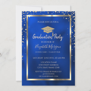 Stylish Diamonds Gold Grad Cap Blue Metallic Einladung