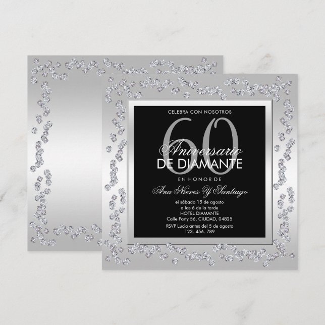 Stylish Diamonds Silver 60th Wedding Anniversary Einladung (Vorne/Hinten)
