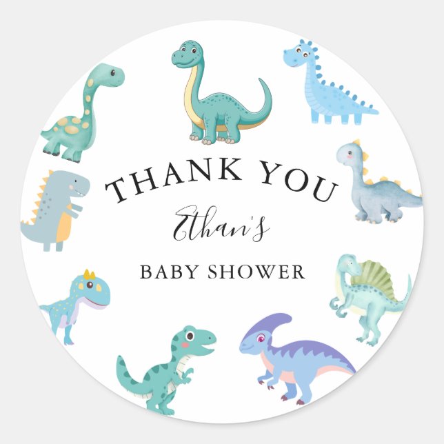 Stylish Dinosaur Baby Shower White Runder Aufkleber (Vorderseite)