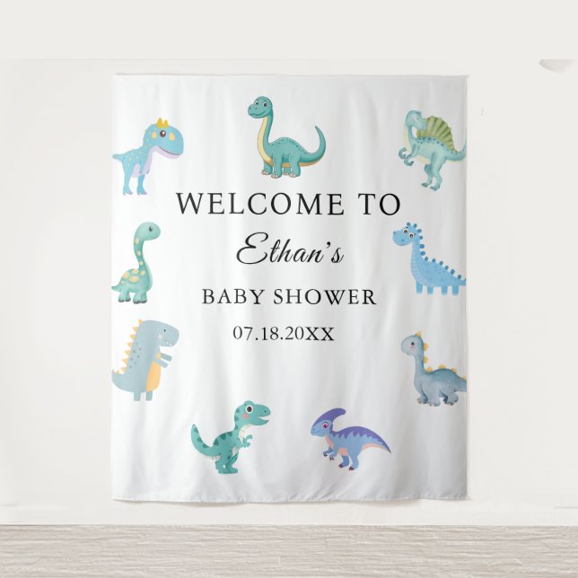 Stylish Dinosaur Baby Shower White Wandteppich (Vorderseite)
