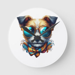 Stylish Dog With Glasses Colorful Modern Pet Art Runde Wanduhr